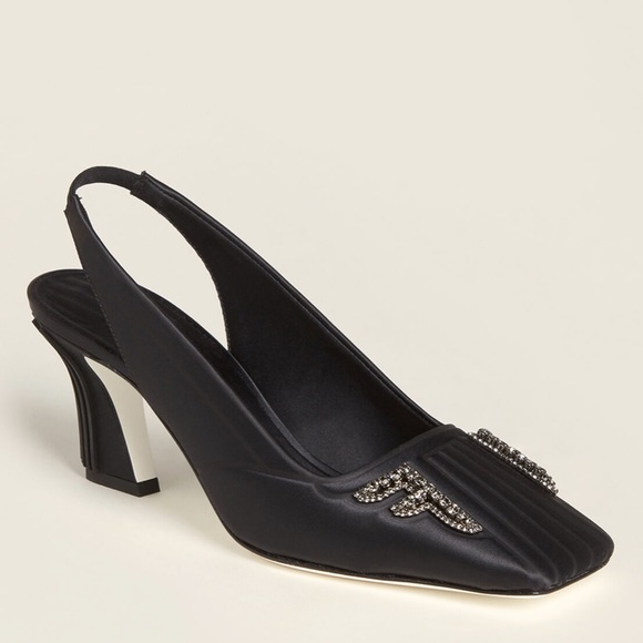 Fendi Shoes Fendi Black Embellished Satin Slingback Pumps